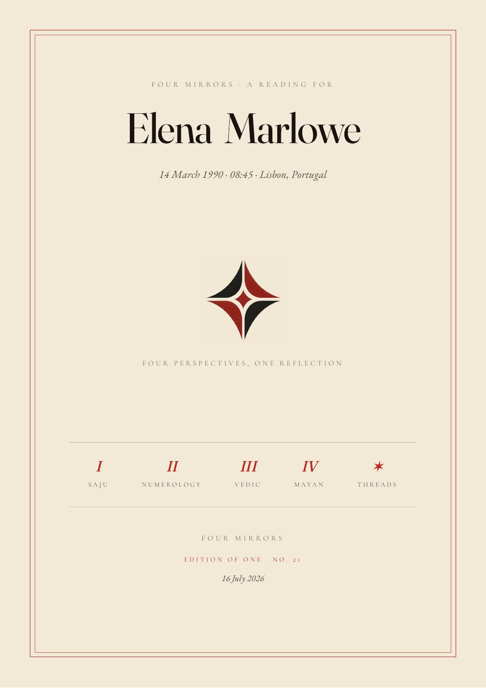 The cover of a sample Four Mirrors reading, an Edition of One
